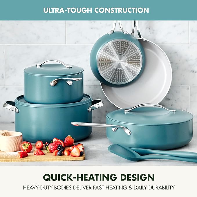 GreenPan Nova 10-Piece Cookware Pots & Pans Set, Oprah’s Favorite Things 2024, PFAS-Free Ceramic Nonstick, Fry, Sauté, Stockpot, Utensils, Lids, Induction Suitable, Dishwasher & Oven Safe, Deep Teal