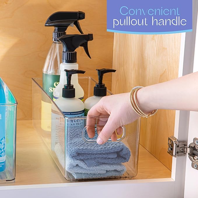 Plastic Food Storage 6 Pack Clear Container Bin with Handles for Organizing Kitchen, Pantry, Fridge, Freezer, Pantry, Bathroom. 14"x6"5"