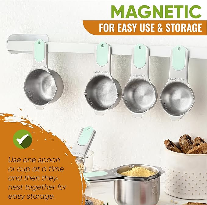 Spring Chef Magnetic Measuring Cups & Spoons Set (Patent Pending), Strong N45 Magnets, Heavy Duty Stainless Steel Fits in Spice Jars for Baking & Cooking, BPA Free, Round Set of 15 with Leveler, Mint