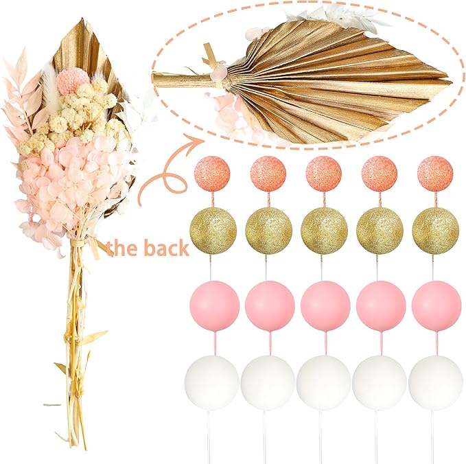 Gyufise 21 Pack Flower Boho Cake Topper Ball Cake Decorations Palm Leaves Plants Cake Decor for Girl Bohemian Princess Theme Wedding Baby Shower Birthday Party Supplies Gold Pink