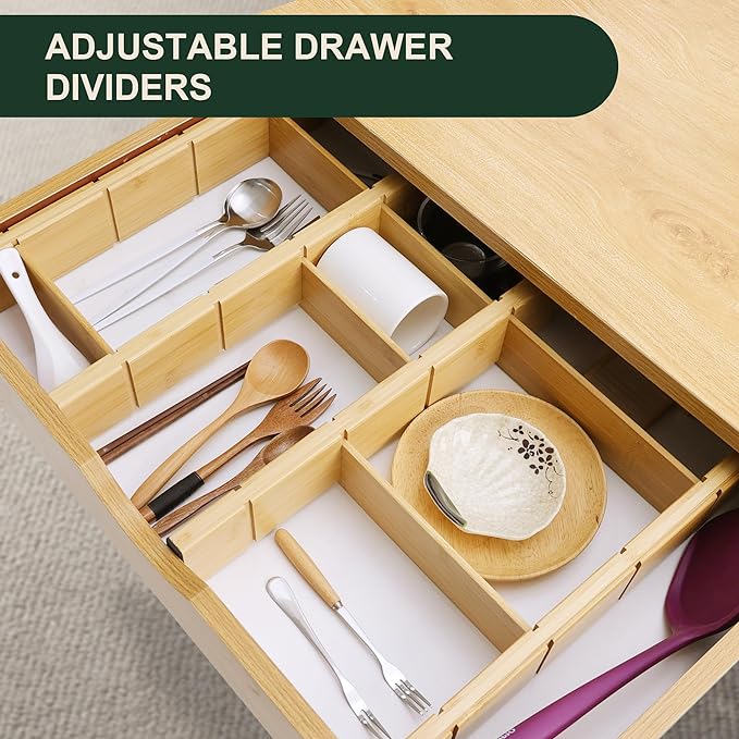 Utoplike Kitchen Drawer Divider with Inserts, Bamboo Drawers Organizer Adjustable, 4 pcs Large Expandable Wood Socks Drawer Organization for Dresser, Office, Spring Loaded