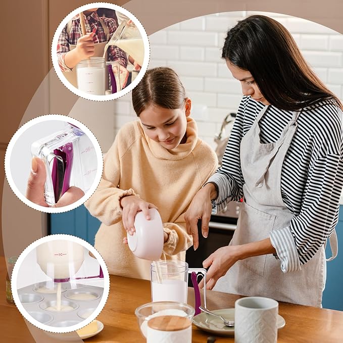 1 Pc Cupcake Batter Dispenser Pancake Mix Dispenser 4 Cups with Squeeze Handle Tools for Pancake, Cupcake, Cookie, Cake, Waffles, Ice Cream Baking Gifts for Kitchen Housewarming (Purple Red)