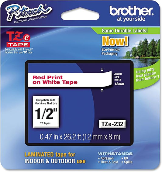 Brother Genuine P-Touch TZE-232 Tape, 1/2" (0.47 mm) Standard Laminated P-Touch Tape, Red on White Laminated for Indoor or Outdoor Use, Water-Resistant 26.2 ft (8m), Single-Pack