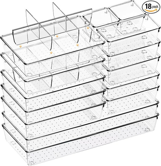 Criusia Drawer Organizer - 18 Pack Clear Large Kitchen Drawer Organization Trays, Non-Slip Dividers for Makeup, Jewelry, Utensils, Office, Bedroom, Bathroom