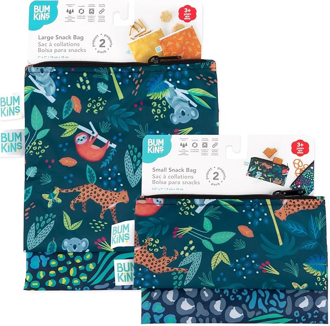 Bumkins - Cloth Snack & Sandwich Bags - For Storage, Travel, Food Prep, Lunch - Reusable, Water Resistant, Washable, Dishwasher Safe - Snack Bags for Kids - Zipper Closure - Jungle - 4 Pack
