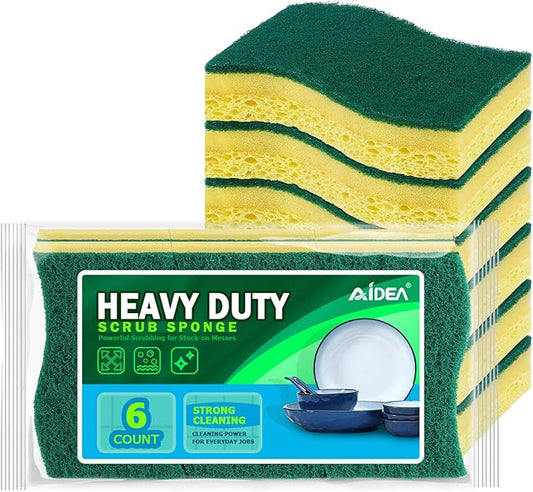 AIDEA Heavy-Duty Scrub Sponges, 6Count, Sponges for Non-Coated Cookware, Kitchen Sponge for Dishes, Scrubbing Power for Tough Messes, Cleaning Sponge for Kitchen, Bathroom, Household