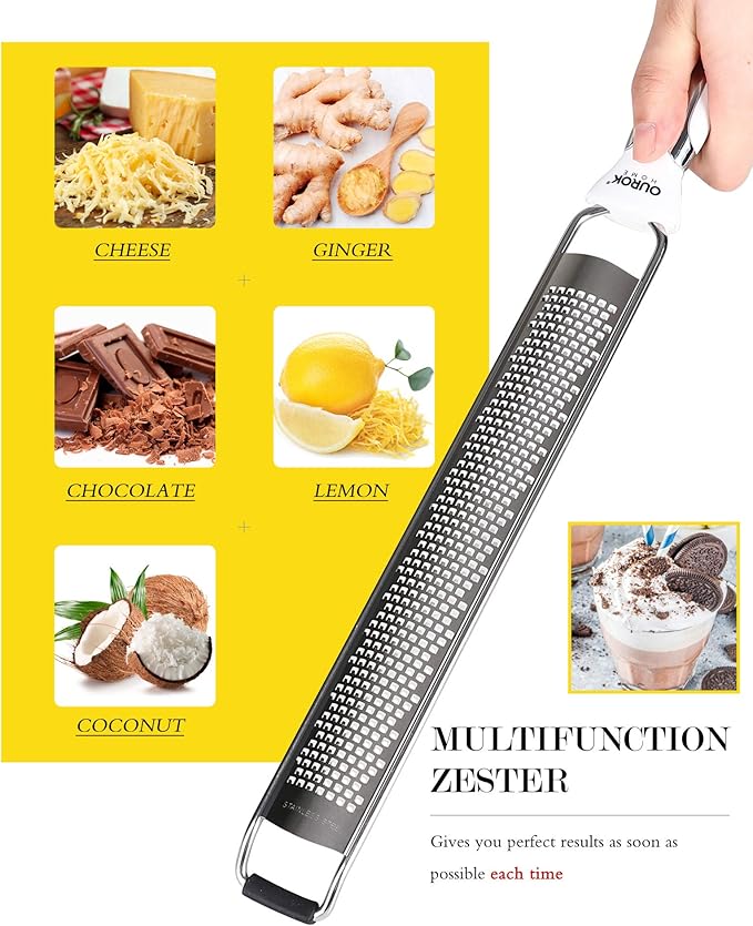 Ourokhome Kitchen Lemon Zester, Stainless Steel Hand Held Parmesan Cheese Grater for Ginger, Chocolate, Coconut, Lime, Nutmeg, Citrus, Fruit, Vegetable with Cleaning Brush, Dishwasher safe, White