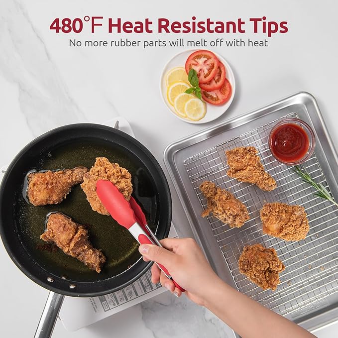 480ºF Heat Resistant Kitchen Tong: U-Taste 7 inch Silicone Cooking Tong with Firm Sealed Non Stick Rubber Tips & Silicon Coated 18/8 Stainless Steel Handle & Smooth Locking for Serving Salad (Red)