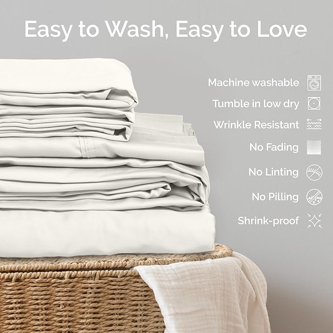 100% Viscose from Bamboo Sheets King Size, Super Soft King Bed Set, 4PC Cooling Sheets for Hot Sleepers, Organically Grown Bedding Sheet, King Size Sheet Set - Ivory - 76" x 80"