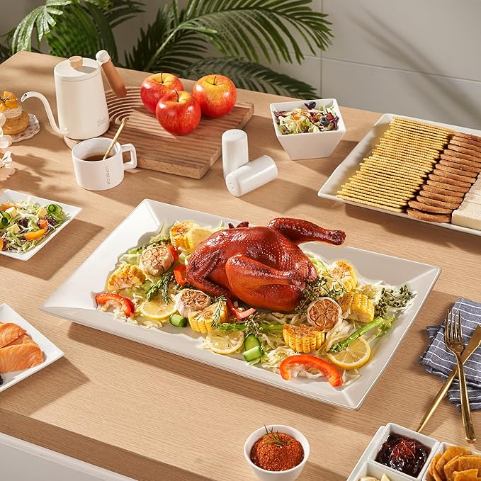 18" x 12" Large Serving Platters Set of 2, Porcelain Heavy-Duty Large Serving Trays, White Rectangular Plates for Turkey, Food, Fruit, Party, Wedding, Christmas, Chip and Scratch Resistant