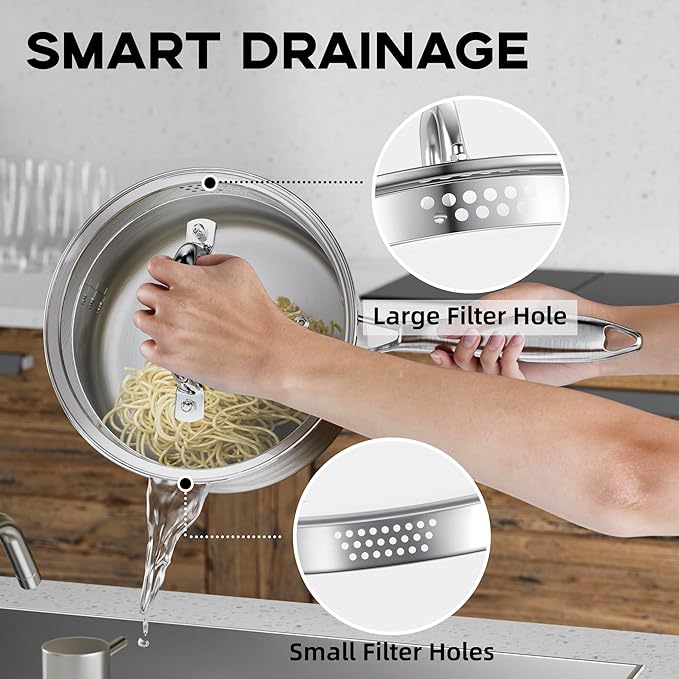 Leetaltree 2.5 Quart Stainless Steel Saucepan with Steamer Basket, Tri-ply Construction, Versatile Sauce Pan with Double-sized Drainage Lid - Perfect for Cooking Gravies, Pasta, Vegetable and More