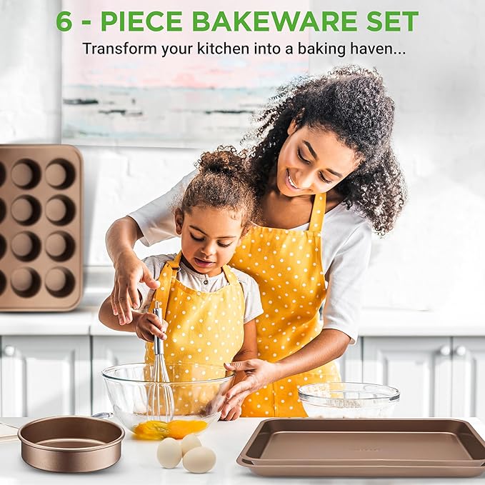 NutriChef 6-Piece Nonstick Bakeware Set, Carbon Steel Baking Pans, Includes Cookie Trays, Wide & Square Bake Pan, Bread Loaf & Round Cake Pan, Muffin Pan - Gold