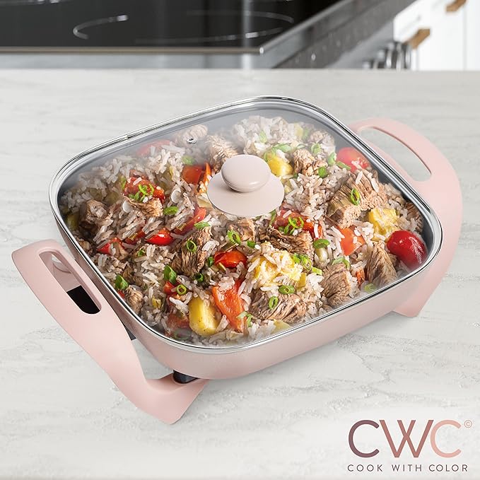 COOK WITH COLOR Electric Skillet - 12" x 12" Ceramic Nonstick Pan, PFAS-Free, 1400W, Tempered Glass Lid, Variable Temperature, Removable Heating Probe, Cool-Touch Handles, Blush