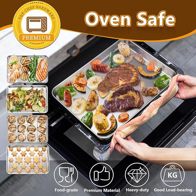P&P CHEF 16 Inch Baking Sheet Pan with Rack Set, Stainless Steel Cookie Sheet Pan Tray with Cooling Rack for Oven Use, Cooking Roasting, Non Toxic & Dishwasher Safe, Heavy Duty