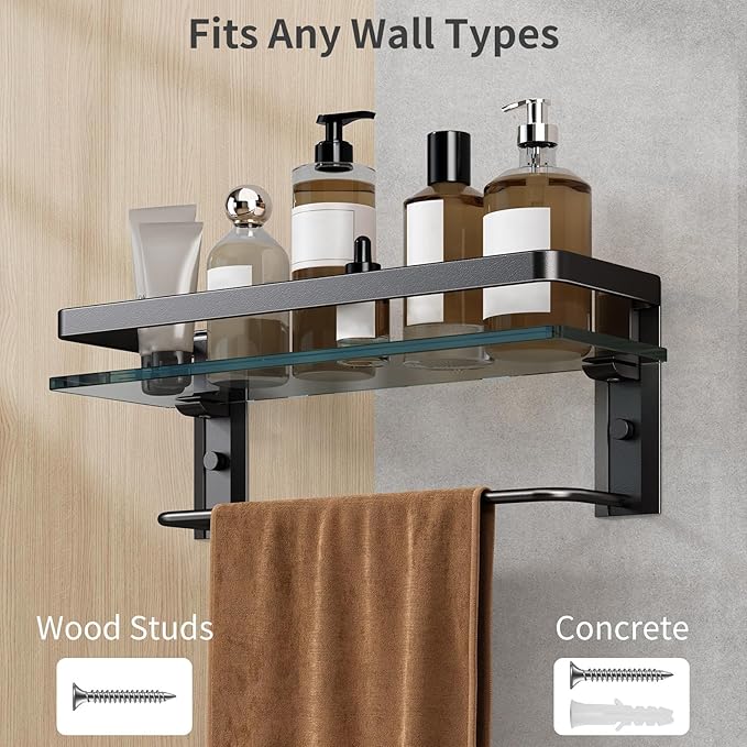 Danpoo Bathroom Wall Shelf with Towel Bar, Clear Tempered Glass, Hand Towel Holder (Matte Black)