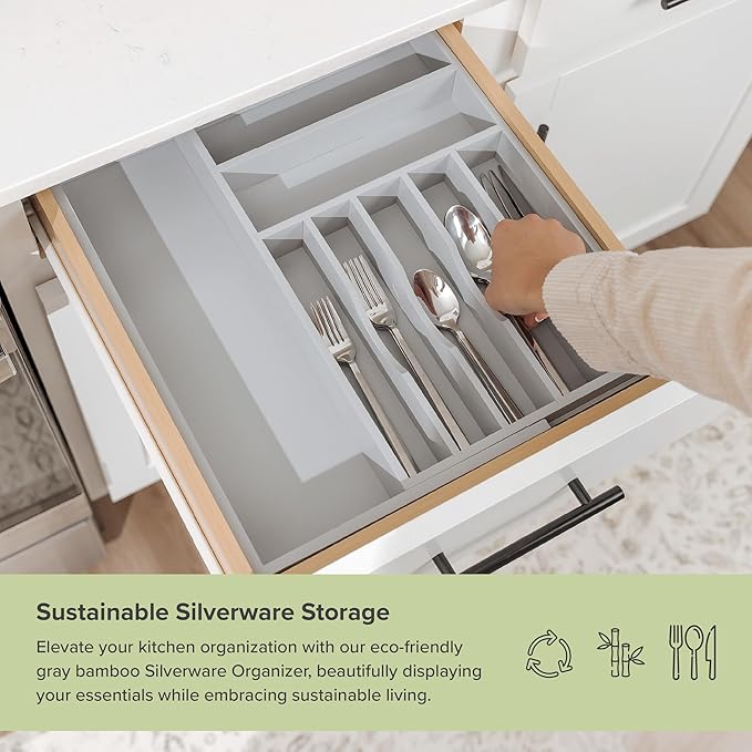 Premium Silverware, Flatware and Utensil Organizer for Kitchen Drawers, Food-Safe Contract Grade, Expandable from 10.5 to 19 In, Gray Bamboo