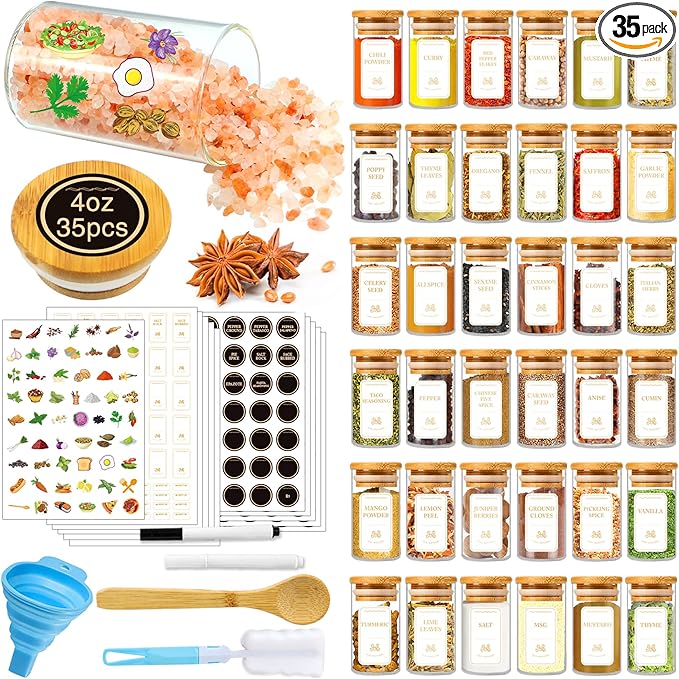 Spice Jars with Labels, 35 Pcs 4 oz Glass Spice Jars with Bamboo Lids, Minimalist Stackable Airtight Spice Containers with 426 labels for Home Kitchen, Pantry, Spice Cabinet, Drawer, Rack