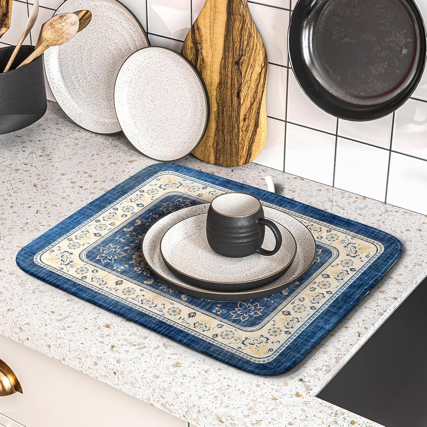Blue Boho Dish Drying Mat for Kitchen Counter 16x18 Inch Fast Dry Drying Pad Vintage Floral Dish Drainer Rack Mats Coffee Bar Accessories