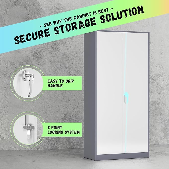 INTERGREAT Storage Cabinet, 72” Steel Locking Closet with Doors and 4 Adjustable Shelves, Tool Unit for Home Office, Garage & Tall Lockable File Cabinet, Grey White.