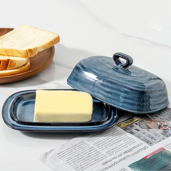 Hasense Butter Dish with Lid, Porcelain Butter Container with Handle for Countertop, Large Butter Keeper & Holder with Cover for West East Coast Butter, Farmhouse Kitchen Decor for Gift, Blue