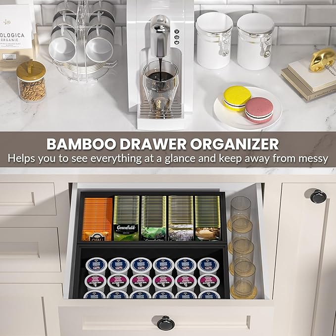 Kitchen Drawer Organizer Bins, Stackable Bamboo Drawer Organizer for Silverware, Coffee Pod Organizer K Cup Holder for Countertop, 2 Pcs Coffee Station Organizer Black 12" x 6" x 2.5"