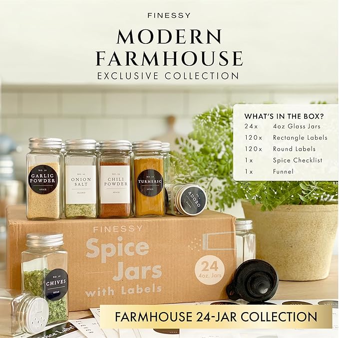 FINESSY Glass Spice Jars with Labels with Metal Lids and Shakers 24 Pack Set, 4oz Small Empty Air Tight Spice Containers with Labels, Clear Seasoning Containers Herb Bottles Kitchen Storage Organizer