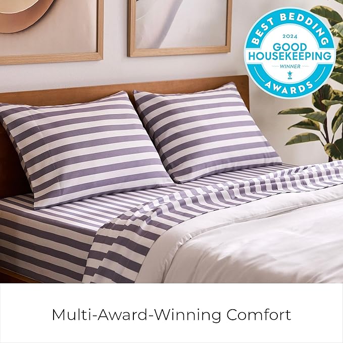 Mellanni Split King Sheets Set - 5 PC Iconic Collection Bedding - Hotel Luxury, Soft, Cooling Bed Sheets - Wrinkle, Fade, Stain Resistant (Split King, Oxford Stripe Hazy Lilac)