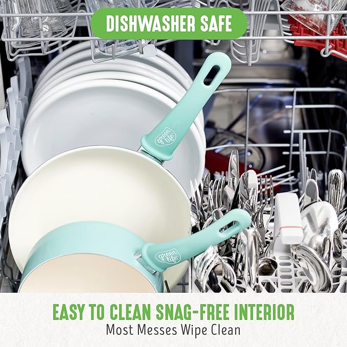 GreenLife Soft Grip 16 Piece Cookware Set, Non-Toxic PFAS-Free Ceramic Nonstick, Pots, Frying, Sauce, Saute, Glass Lids, Stay-Cool Handles, Wobble Free Bases, Dishwasher & Oven Safe, Turquoise