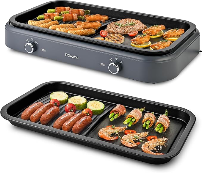 Pukomc Electric Indoor Grill,1500W,Non-Stick Cooking,Adjustable Dual Cooking Zones with,indoor grills electric smokelessSafe for Family, Party, Kitchen Use,gray