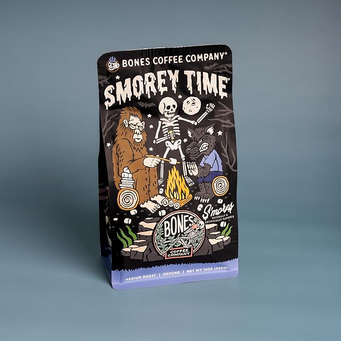 Bones Coffee Company S'morey Time, S'mores and Graham Crackers Flavored Coffee, Medium Roast Low Acid Arabica Beans Compatible with Auto drip and French Press Coffee Maker, 12 Oz Ground