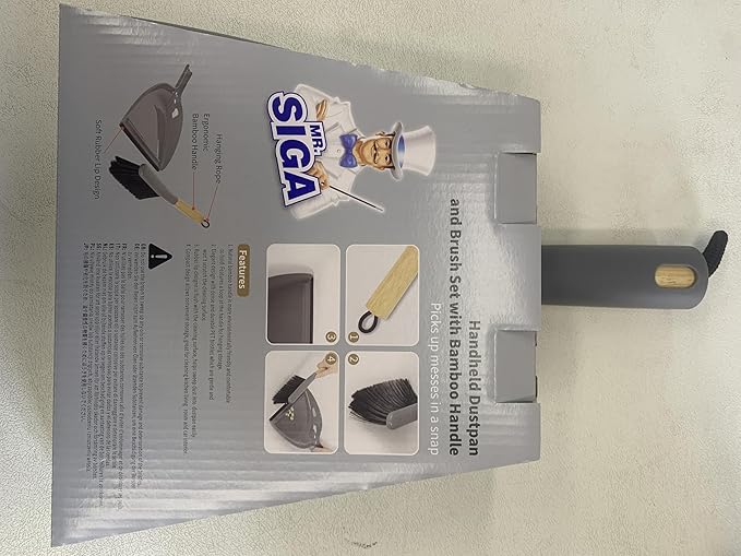 MR.SIGA Dustpan and Brush Set, Portable Cleaning Brush and Dustpan Combo with Bamboo Handle, Gray, 1 Set