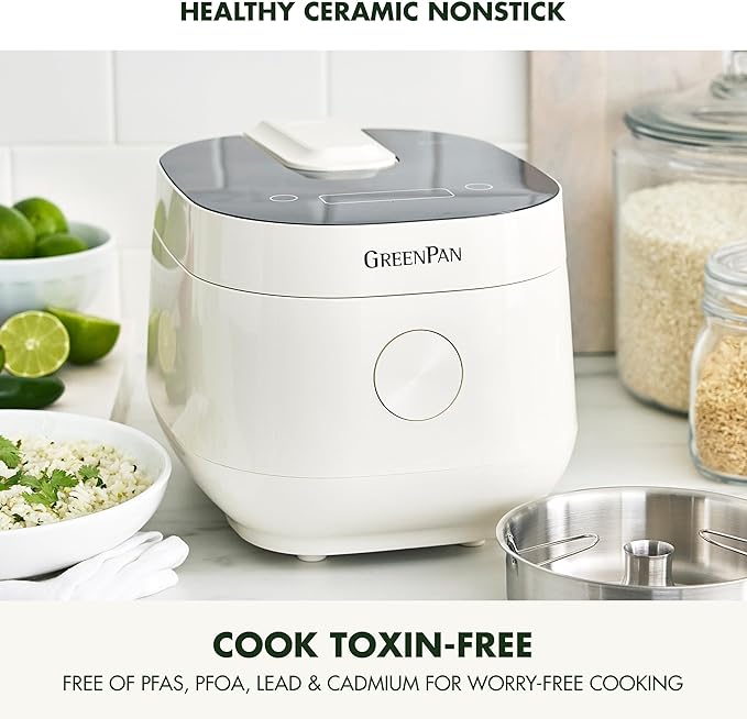 GreenPan Carb Reducing Electric Rice Cooker, 4 Cups Uncooked/8 Cooked Rice, 10 Presets, LED Display, Healthier Meals, Delay Timer, PFAS-Free Ceramic Nonstick Removable Bowl, Cool Touch, Steam, Cream