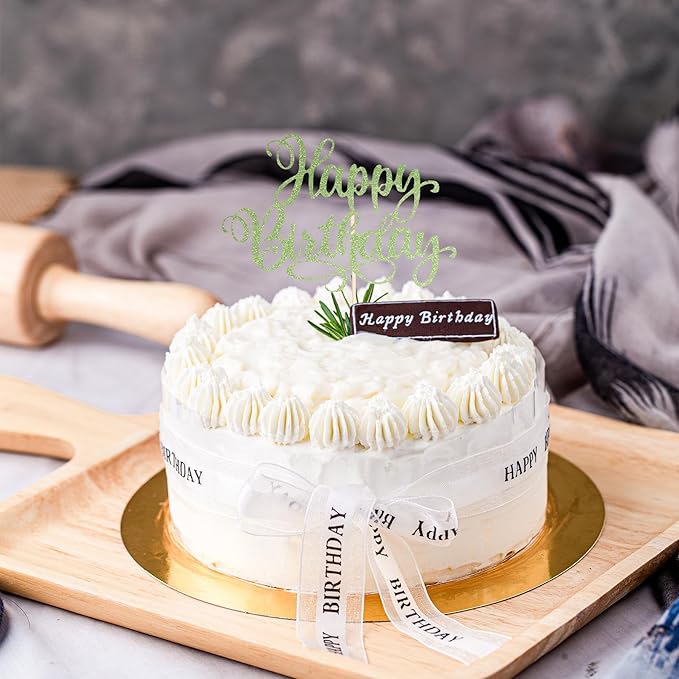 Happy Birthday Cake Toppers 9 Inch Glitter Happy Birthday Cake Pick for Birthday Anniversary Theme Party Cake Decorations Supplies - Olive Green