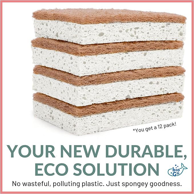 bioGo White 12 Pack Biodegradable Kitchen Sponge - Eco-Friendly, Compostable, Natural Cellulose Dish - Compostable - Biodegradable - Cellulose Sponges Kitchen