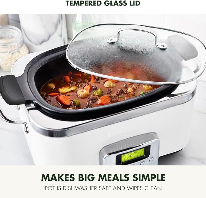 GreenPan Elite 8-in-1 Programmable 6QT Electric Slow Cooker, Dishwasher Safe Lid & Removable Crock, PFAS-Free Healthy Ceramic Nonstick Multi-Cooker, Sear, Sauté, Brown, Steam Basket, Roast, White