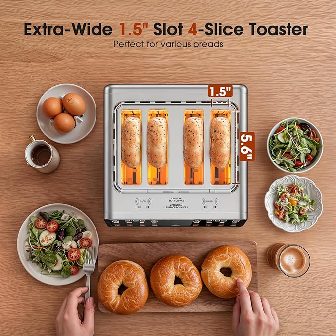 4 Slice Toaster– Dual Digital Smart TouchScreen & Independent Control Panel | Single-Slot Tech, Timer/Reheat/Defrost for Bagels, Bread | 1800W Stainless Steel, 6 Toast Types & Shade Settings