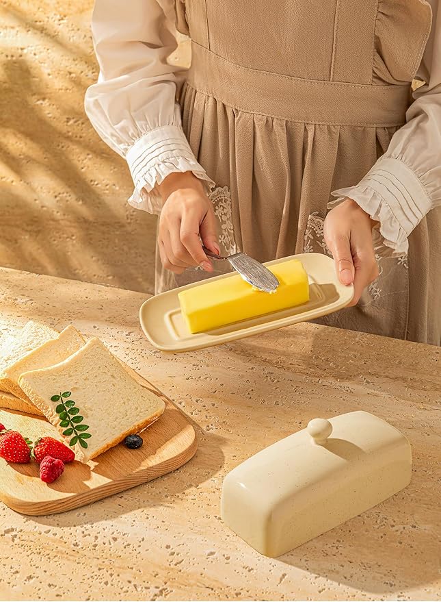 Sweese Butter Dish with Lid, Porcelain Butter Keeper, 7.8 Inch Butter Holder with Handle Cover, Butter Container Perfect for East West Coast Butter, Beige