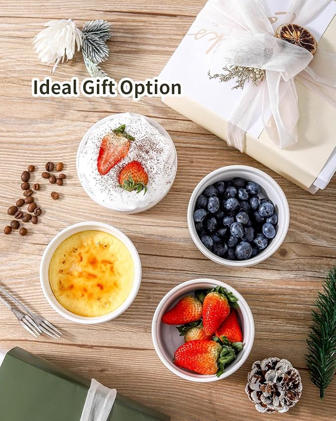 Hasense Ceramic Ramekins, 8 oz Creme Brulee Ramekins Set of 6, Porcelain Souffle Cups for Pudding, Dipping Sauce, Ice Cream, Custard, Ceramic Baking Dish, Dishwashing Safe, White