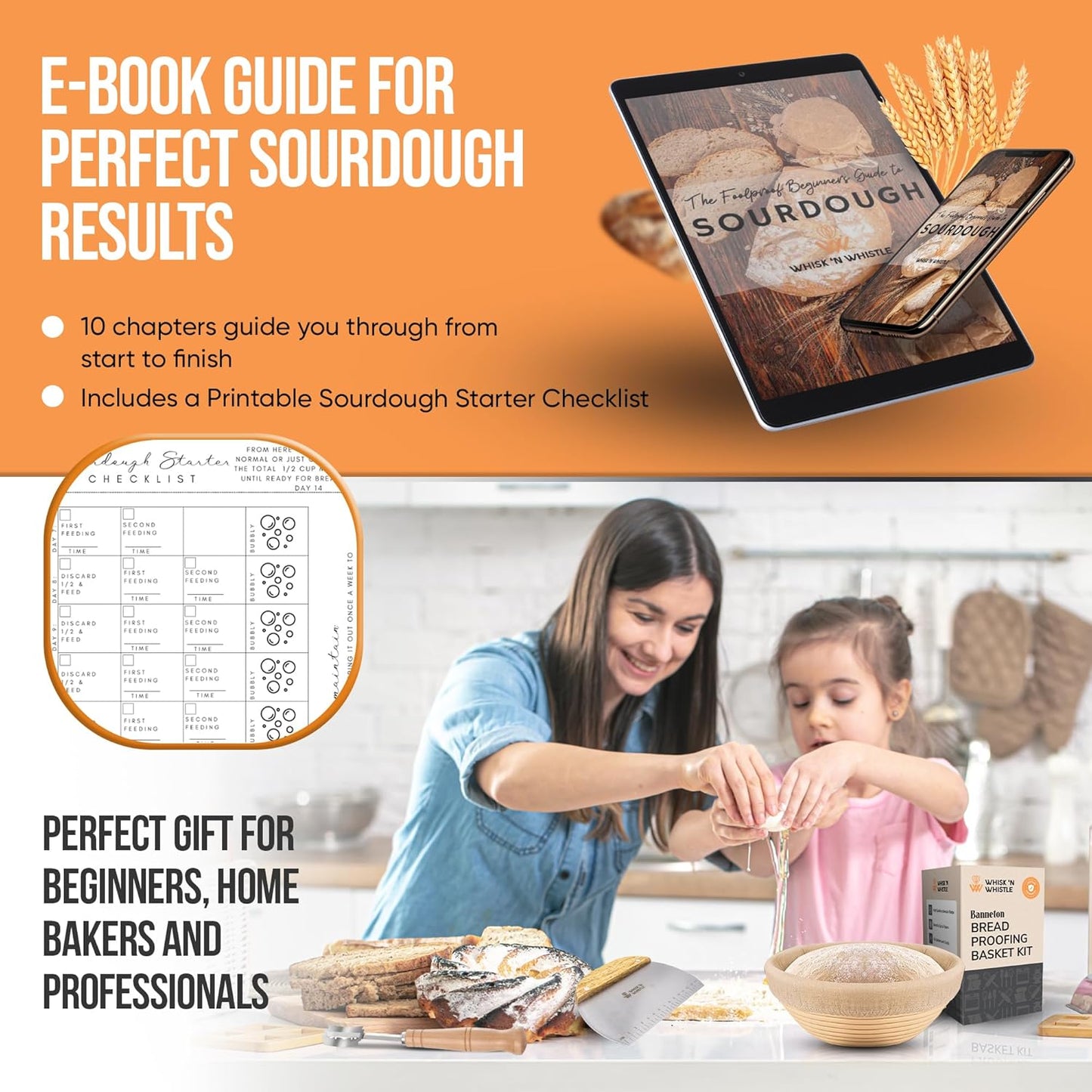 Complete Sourdough Starter Kit and Sourdough Bread Baking Supplies - Includes 9" Banneton Proofing Basket, 34oz Sourdough Starter Jar, Silicone Bread Sling, Scrapers, Bread Lame and Measuring Spoons