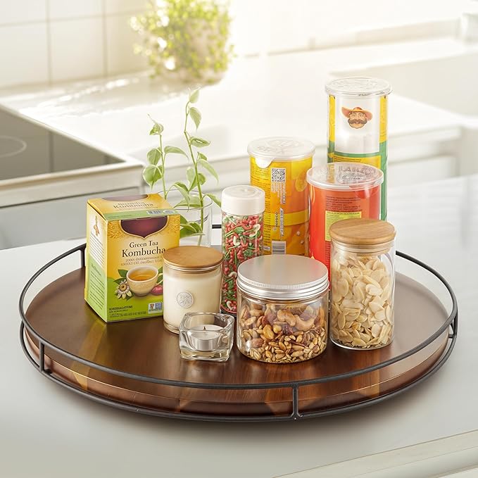 18" Acacia Wood Lazy Susan Turntable with Metal Frame - Large Brown Lazy Susans Organizer Countertop Storage - Wooden Serving Tray for Charcuterie Cheese Board - Kitchen Counter Rotating