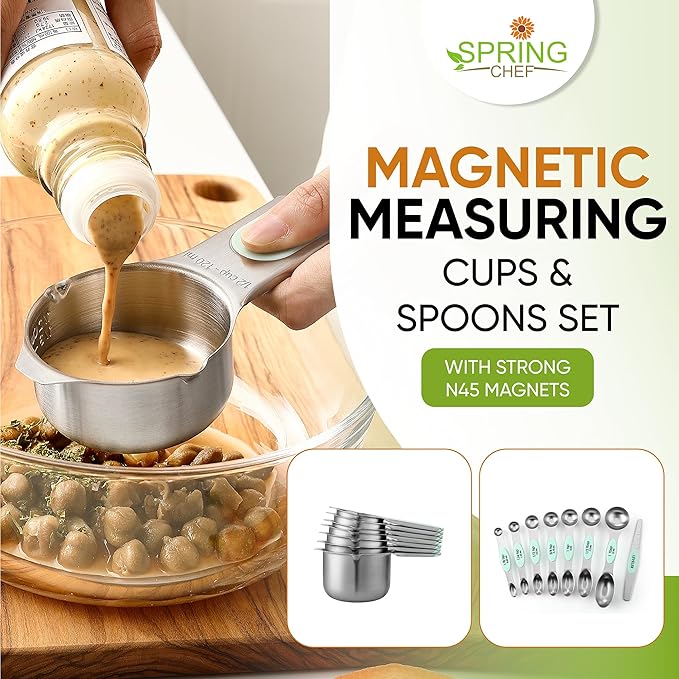 Spring Chef Magnetic Measuring Cups & Spoons Set (Patent Pending), Strong N45 Magnets, Heavy Duty Stainless Steel Fits in Spice Jars for Baking & Cooking, BPA Free, Round Set of 15 with Leveler, Mint