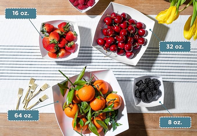 Posh Setting - White Plastic Serving Bowls for Party (32oz - 4 Pack) Square Bowls, Disposable Chip Bowls, Candy Bowls for Party Table, Salad & Fruit Bowls for Party, Candy Containers for Candy Buffet