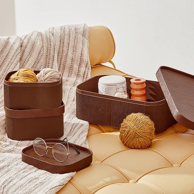 LA JOLIE MUSE Fluted Cardboard Storage Baskets with Leather-Like Lids, Sturdy Stackable Paper Boxes Decorative Tray, Chocolate Brown, Set of 3