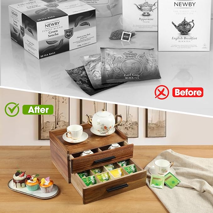 Double-Drawer Acacia Wood Tea Bag Organizer - Tea Box with Drawer, Tea Accessories for Tea Organizers and Storage Box, Tea Station Chest Caddy for Countertop Cabinet Office (16-Compartment, Gift Box)