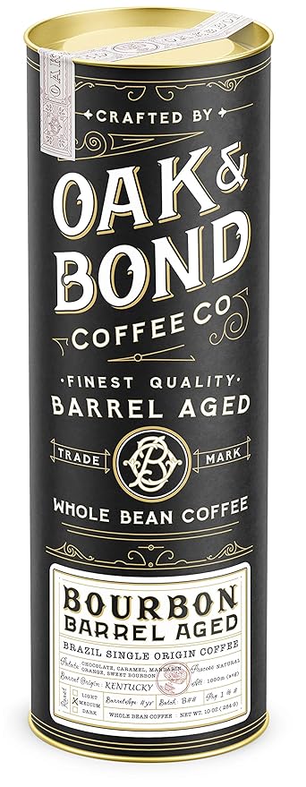 Oak & Bond Coffee Co. Bourbon Barrel Aged Coffee, Brazil Single Origin Whole Bean, Medium Roast - Chocolate, Caramel, Mandarin Orange, Sweet Bourbon Flavors - 10oz