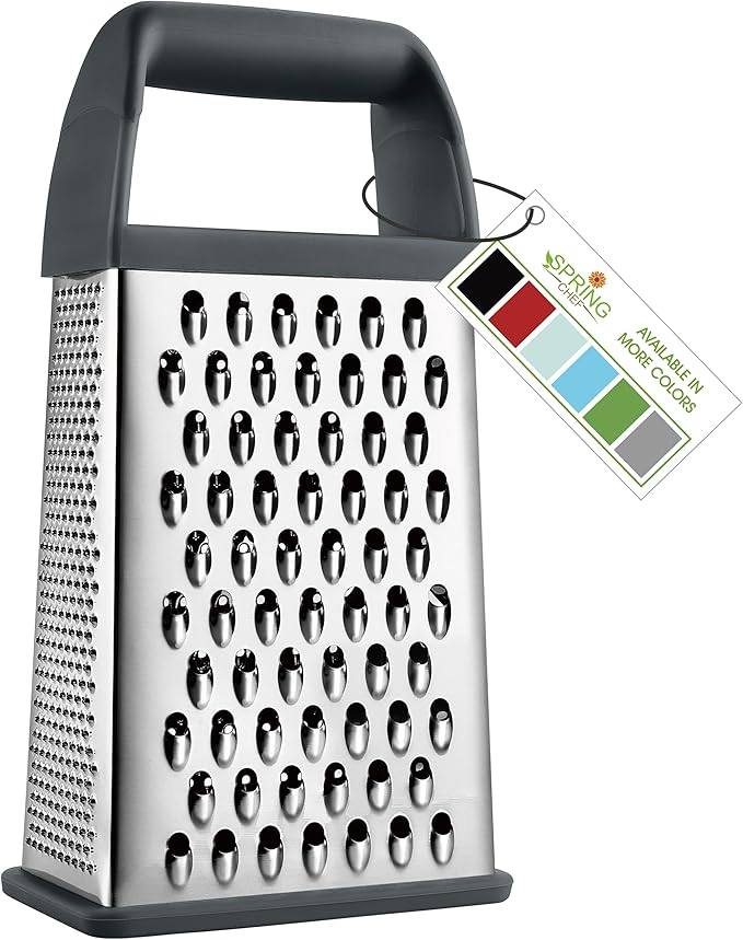 Spring Chef Professional Gray 10" Stainless Steel Parmesan Cheese Grater with Handle, 4 Sided Handheld Box Grater, Kitchen Carrot Shredder for Potato, Cheese, Ginger, Vegetables, Hashbrown