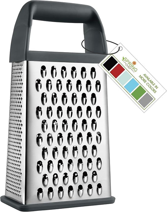 Spring Chef Professional Gray 10" Stainless Steel Parmesan Cheese Grater with Handle, 4 Sided Handheld Box Grater, Kitchen Carrot Shredder for Potato, Cheese, Ginger, Vegetables, Hashbrown