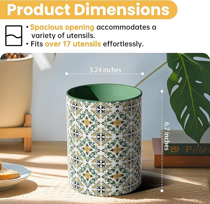 Ceramic Kitchen Utensil Holder for Countertop, Large Mediterranean Utensil Crock ,Green