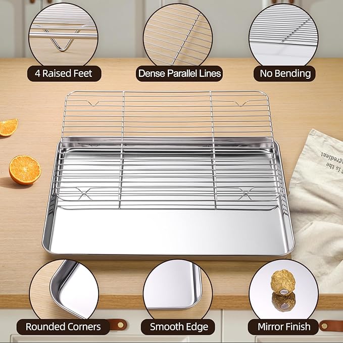 Baking Sheet with Cooling Rack Set of 6, 3 Premium Stainless Steel Cookie Sheets and 3 Wire Racks, Kitchen Nonstick Baking Pans Set Includes 3 Different Sizes, Heavy Duty Non Toxic