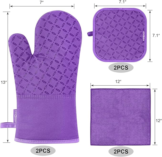 KEGOUU Oven Mitts and Pot Holders 6pcs Set, Kitchen Oven Glove High Heat Resistant 500 Degree Extra Long Oven Mitts and Potholder with Non-Slip Silicone Surface for Cooking (Purple)